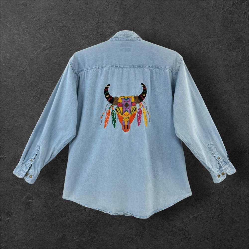 Lee Denim Shirt Mens XL Blue Western Bull Skull Embroidered Cotton